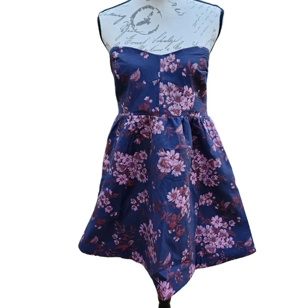 Free People Matilda Tie Back Strapless Babydoll Mini Dress Size‎ Large Blue